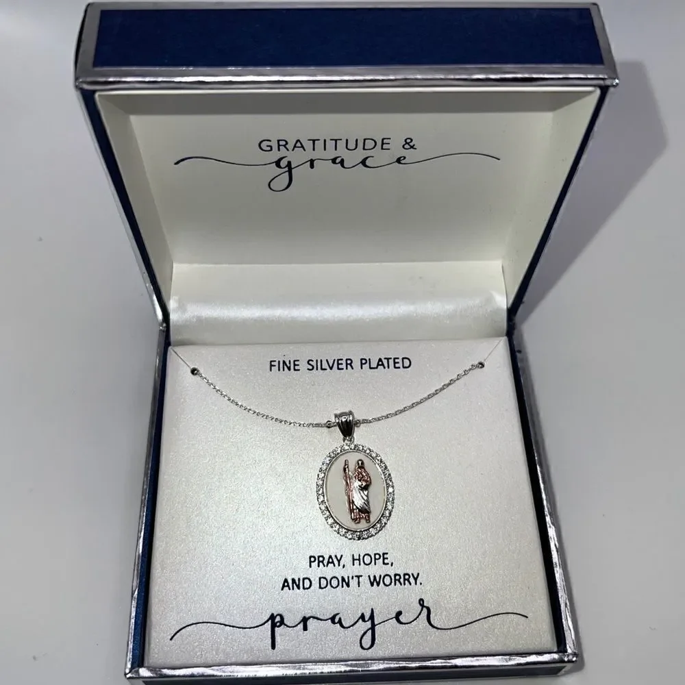 Unwritten Gratitude & Grace CZ Mother-of-Pearl Two-Tone Saint Pendant Necklace